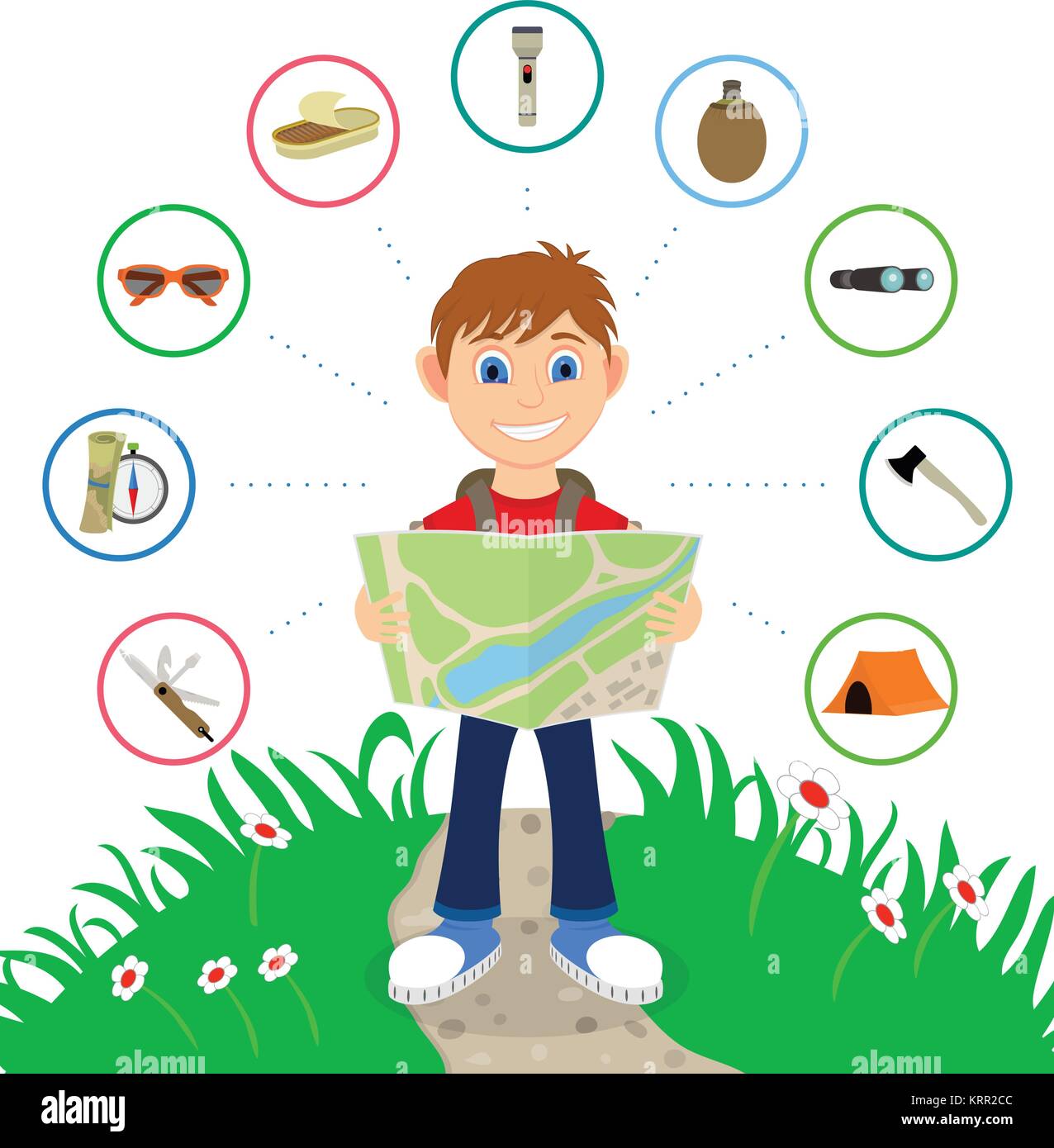 Meilleur dessin animé avec un grand sac à dos et les icônes dont notamment un couteau, carte et boussole, lunettes de soleil, de la nourriture en conserve, lampe de poche, gourde, jumelles Illustration de Vecteur