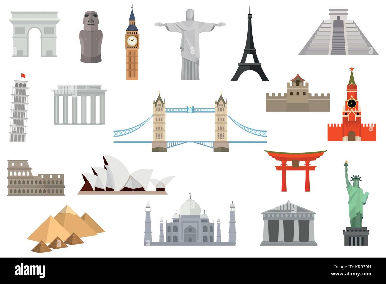 Monuments du monde. La tour penchée de Pise, Big Ben, la Tour Eiffel, statue de la liberté, de triomphe, de la porte de Brandebourg, le Parthénon, le Colisée, Opera Hous Illustration de Vecteur