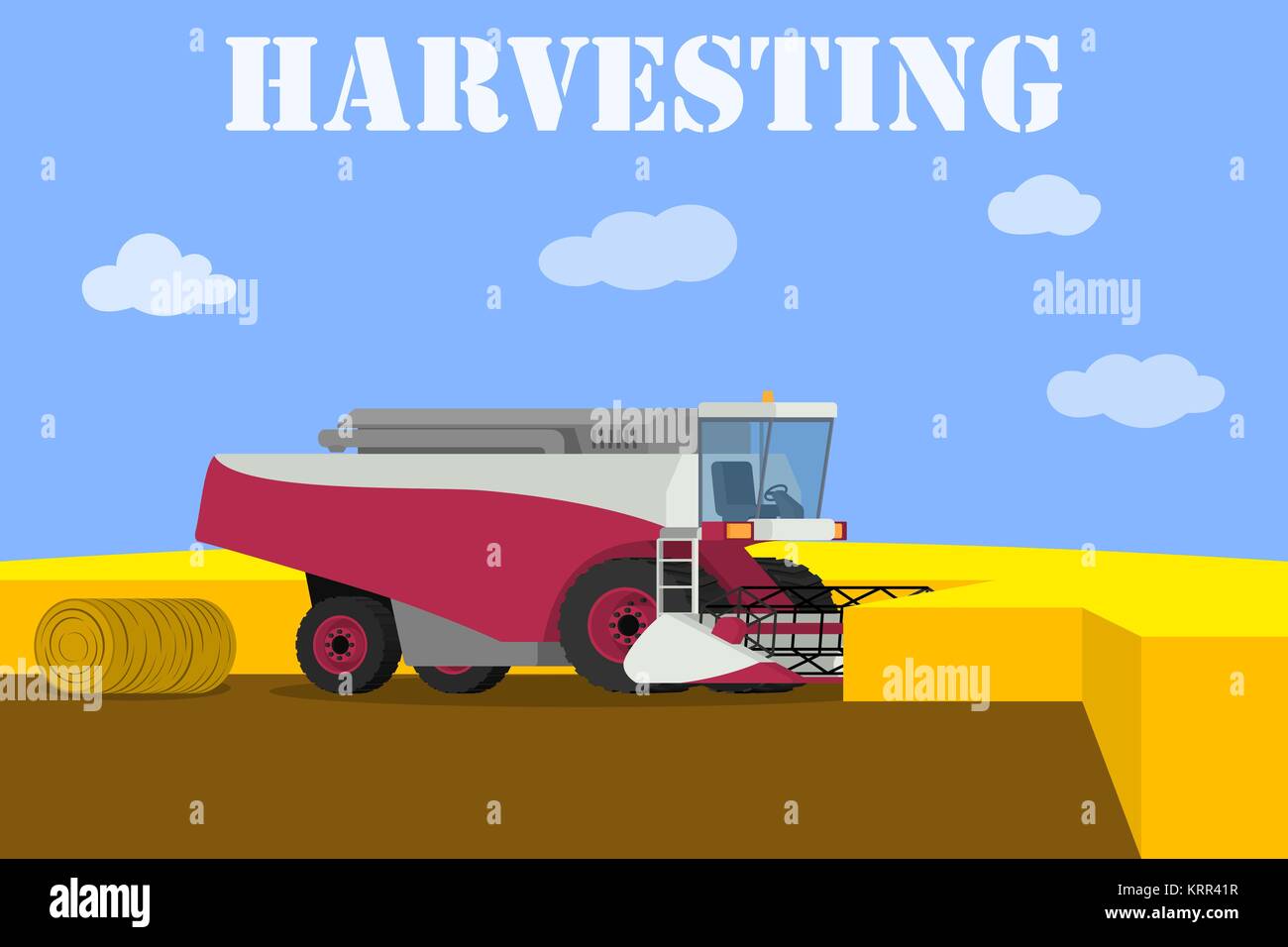 Machines agricoles - vector red harvester travaillant sur le terrain Illustration de Vecteur