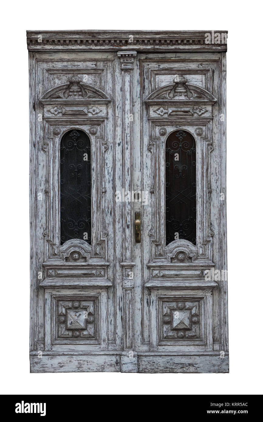 Très vieille porte en bois rustique vintage isolé sur fond blanc Banque D'Images