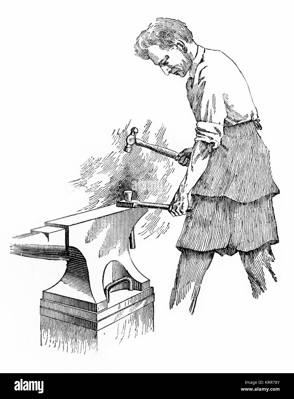 Gravure d'un forgeron, devançant un bloc de fer chaud sur une enclume. D'une gravure faite dans les années 1880. Banque D'Images