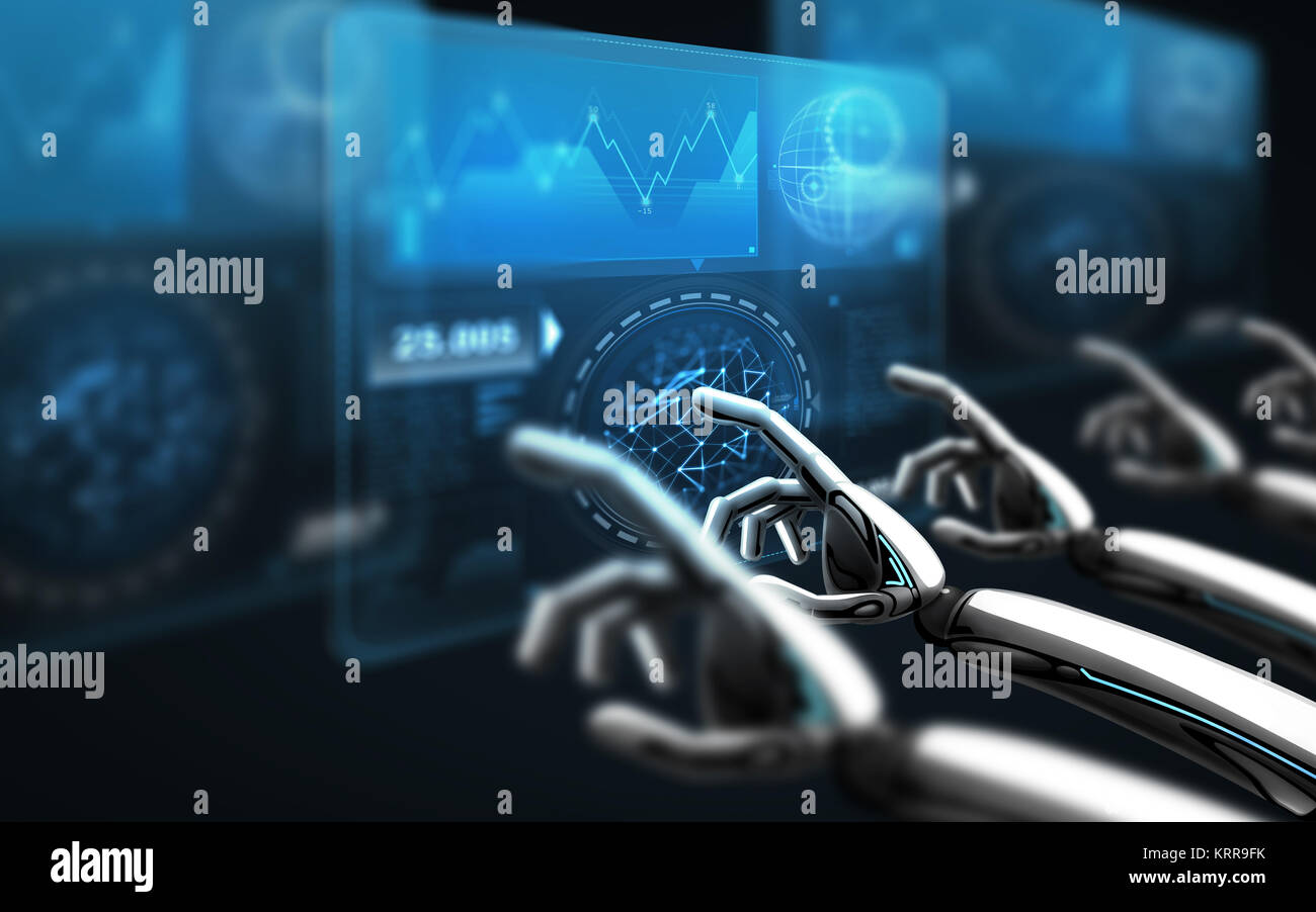 Les mains du robot de toucher les écrans virtuels sur fond noir Banque D'Images