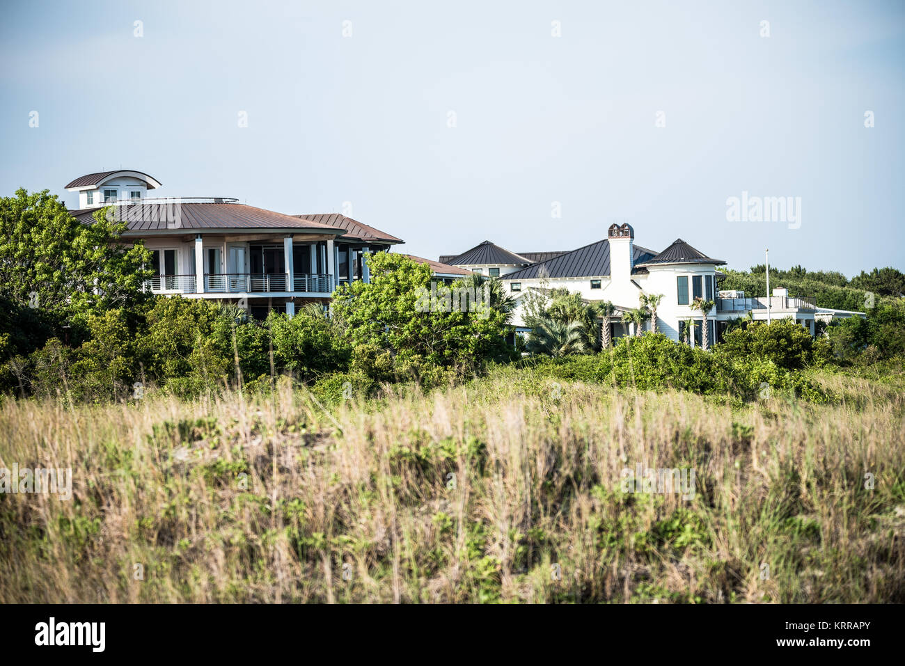 Beach Houses Sand Dunes Sullivan's Island Caroline du Sud // SULLIVAN'S ISLAND, Caroline du Sud — les maisons résidentielles se trouvent nichées derrière des dunes de sable protectrices le long de la côte atlantique de Sullivan's Island. Cette île barrière, située à l'entrée du port de Charleston, présente des maisons de plage distinctives construites pour résister aux conditions météorologiques côtières. Sullivan's Island maintient des codes de construction stricts pour préserver son système de dunes naturelles, qui sert de défense critique contre les ondes de tempête et l'érosion. La plage de cinq kilomètres de l'île reste largement sous-développée par rapport à la plage voisine Banque D'Images