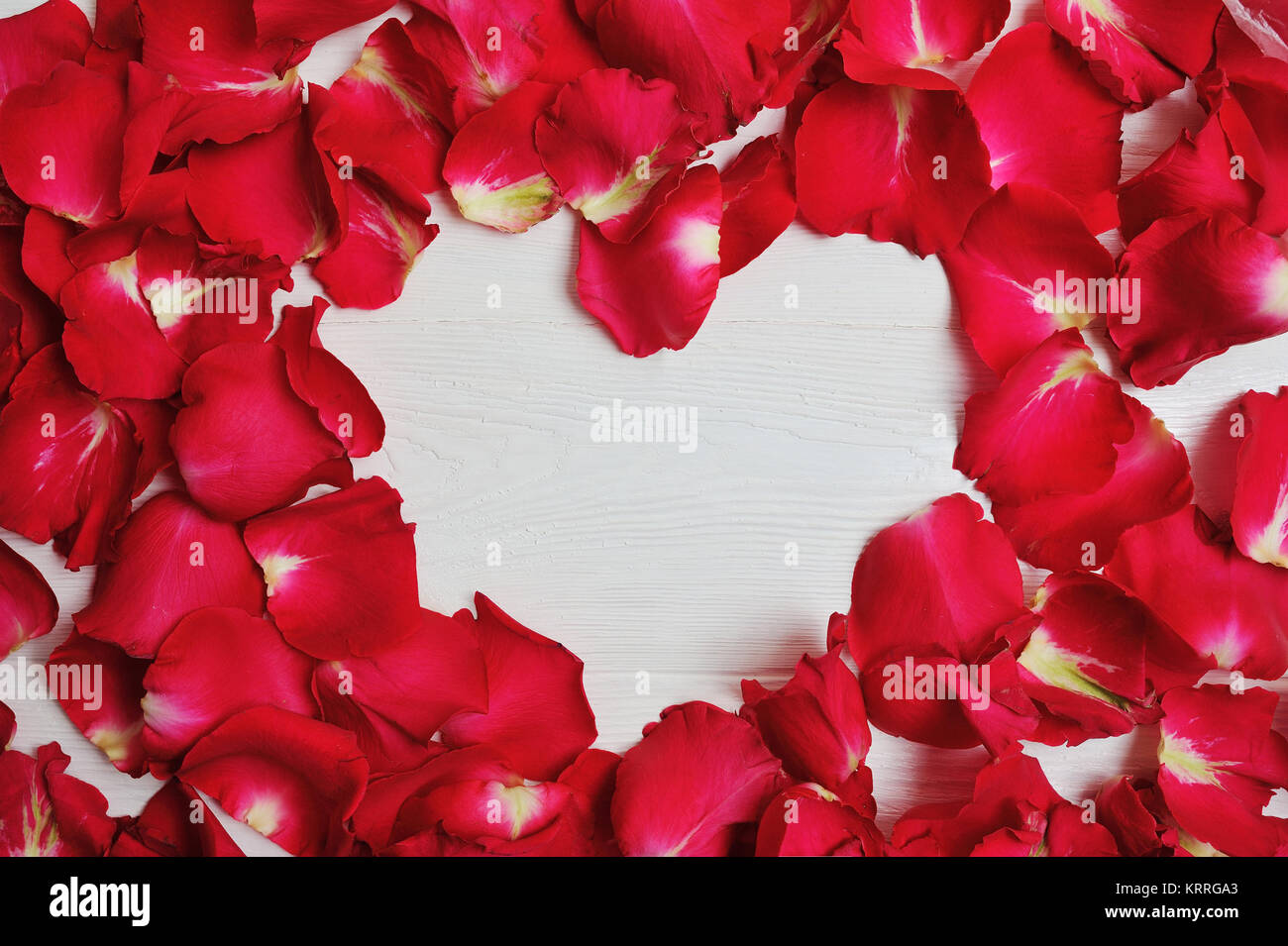 Carte maquette de pétales de rose rouge en forme de coeur pour la Saint-Valentin. Mise à plat, vue du dessus avec une place pour votre texte. Banque D'Images