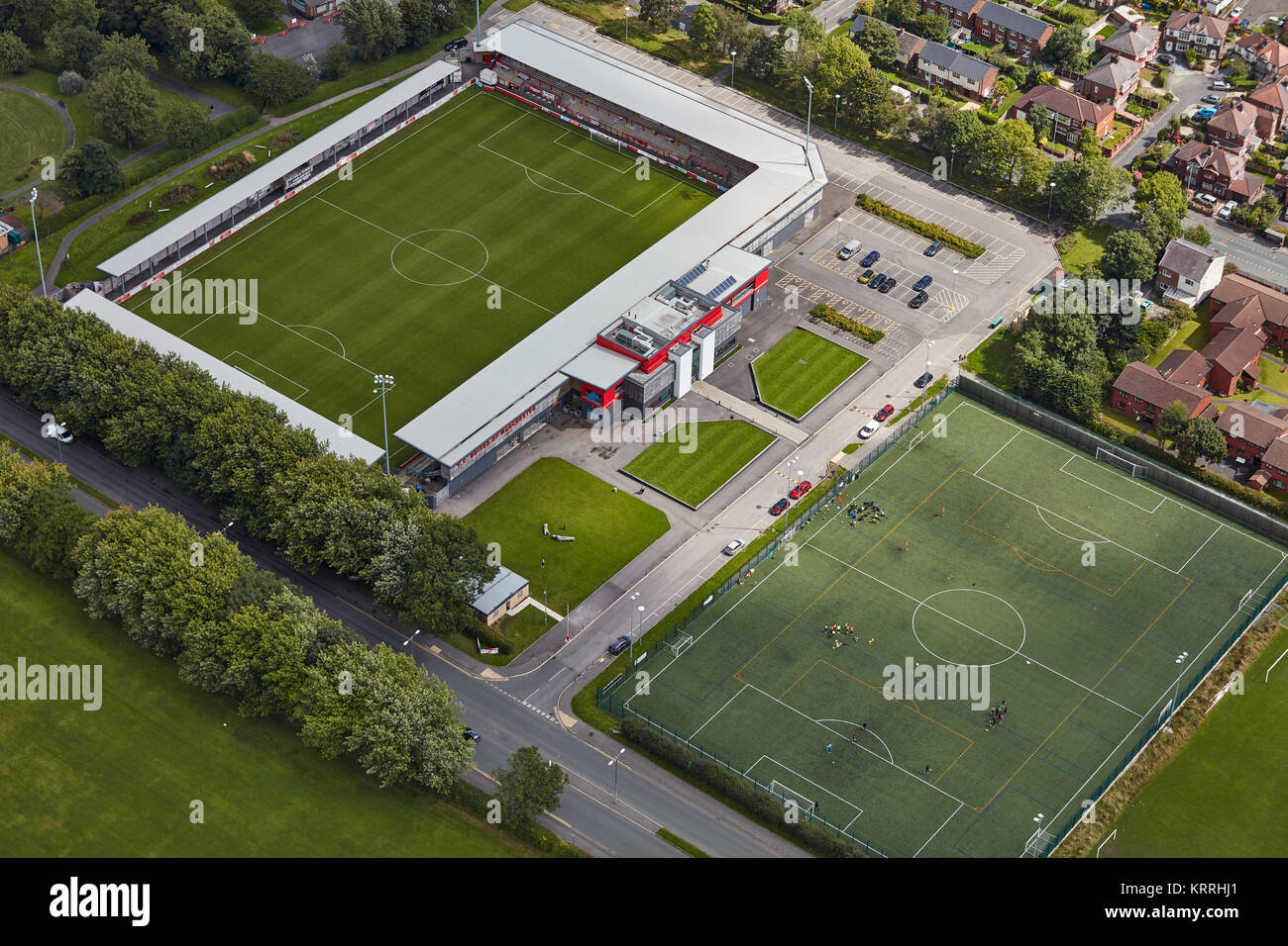 Une vue aérienne de Broadhurst Park, domicile du FC United of Manchester Banque D'Images