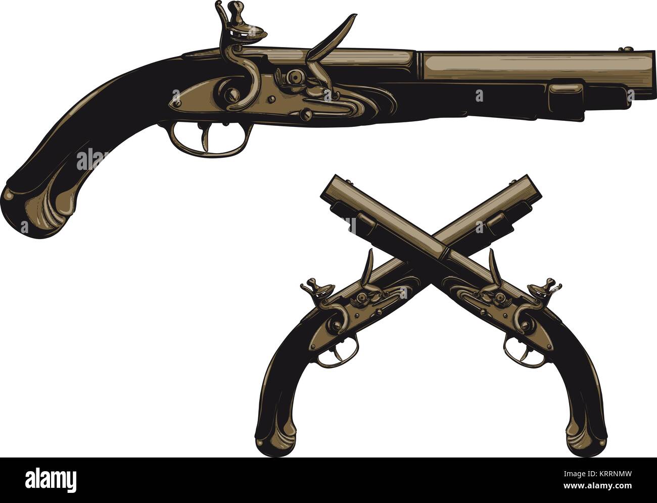 Pistolet à silex antique avec un isolé sur fond blanc Illustration de Vecteur