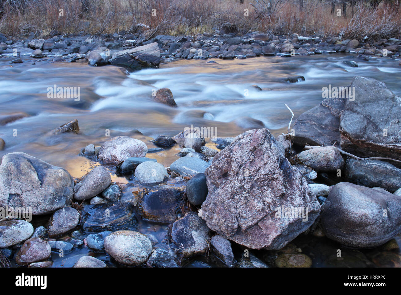 L'eau glacée coule sur les rochers arrondis de la Powder River au Colorado Banque D'Images