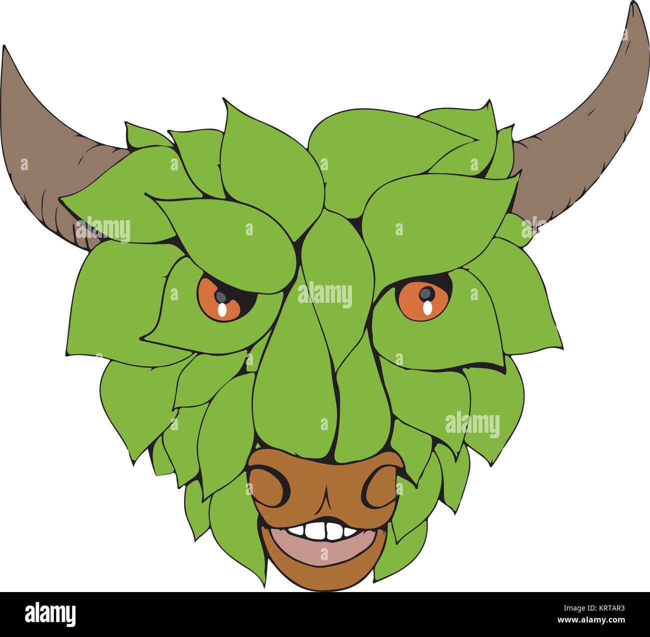 Style croquis dessin illustration d'une feuille avec Bull vert ou vert feuilles formant la tête vue de l'avant sur des arrière-plan. Illustration de Vecteur