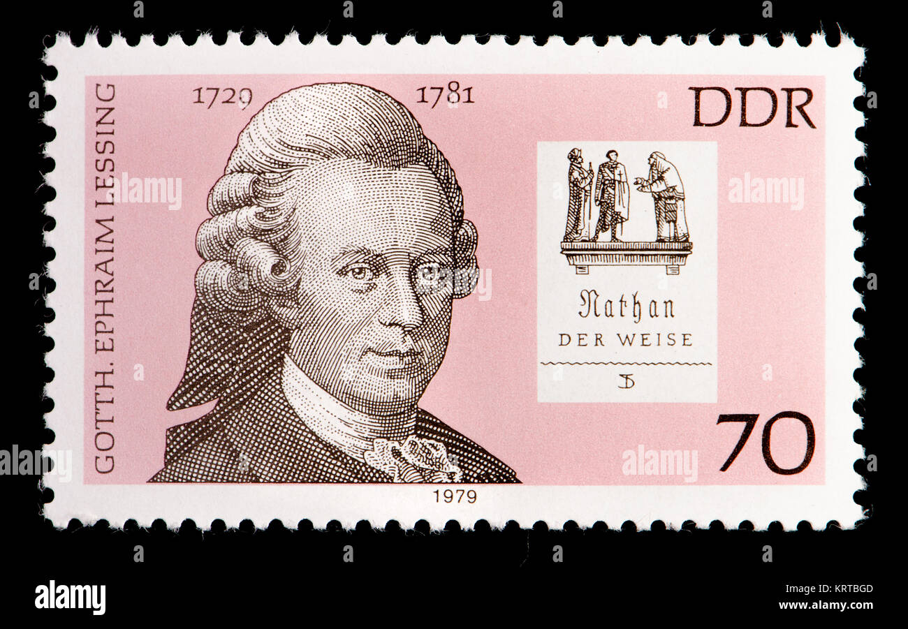 L'allemand de l'Est (DDR) timbre-poste (1979) : Gotthold Ephraim Lessing (1729 - 1781) écrivain, philosophe, dramaturge allemand de l'Illumination Banque D'Images