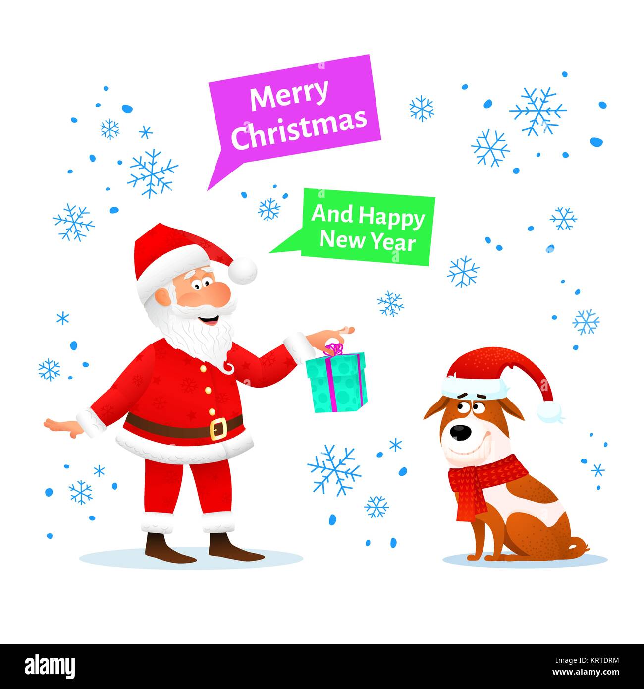 Joyeux Noël carte. Funny Santa Claus avec Xmas gift et de chien dans Red Hat sur fond de Noël avec des flocons de neige. Maison de vacances d'un bandeau ou d'un poster. Nouvelle Année décoration design. Cartoon vector illustration. Illustration de Vecteur