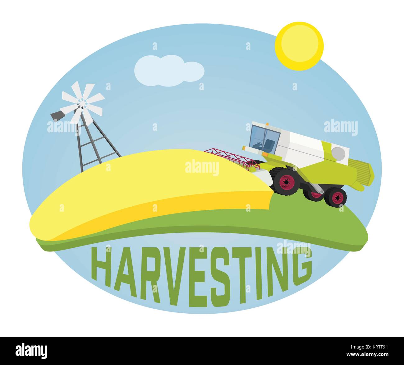 Moissonneuse-batteuse, sur un champ de blé contre le soleil. Paysage rural agricole, vector background Illustration de Vecteur