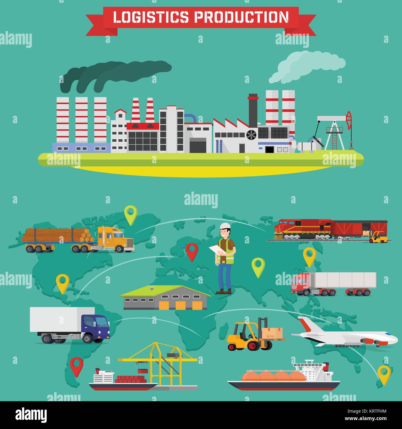 La production et la logistique des marchandises. Processus de production en usine avec les bâtiments. L'entreposage de marchandises en entrepôt, livraison rapide dans le monde entier. Vector infograph Illustration de Vecteur