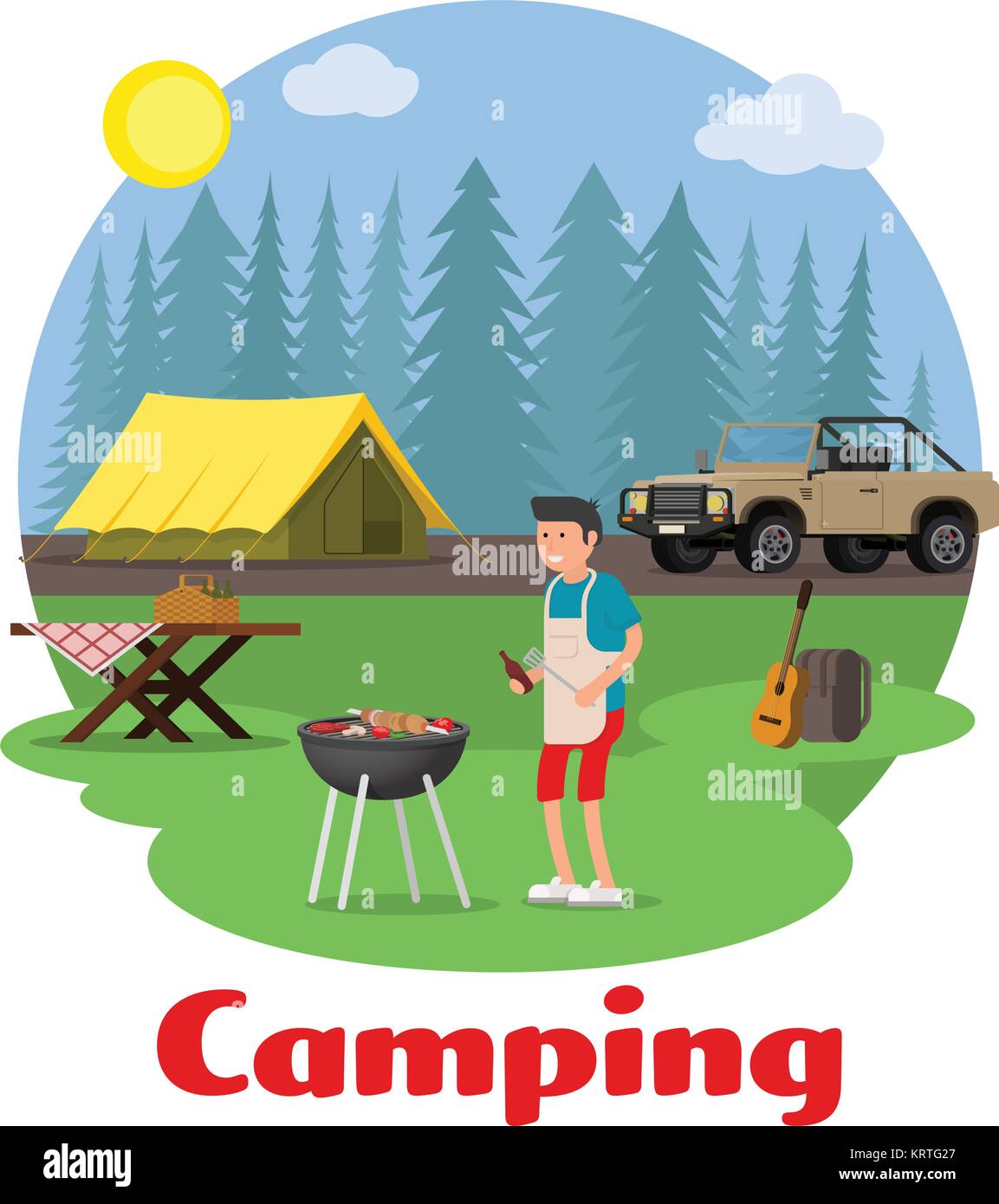 Le camping et les loisirs de plein air concept. Homme de la cuisson des viandes avec un grill sur une clairière de la forêt. Camp forestier avec une tente et une jeep. Vector illustration. Illustration de Vecteur