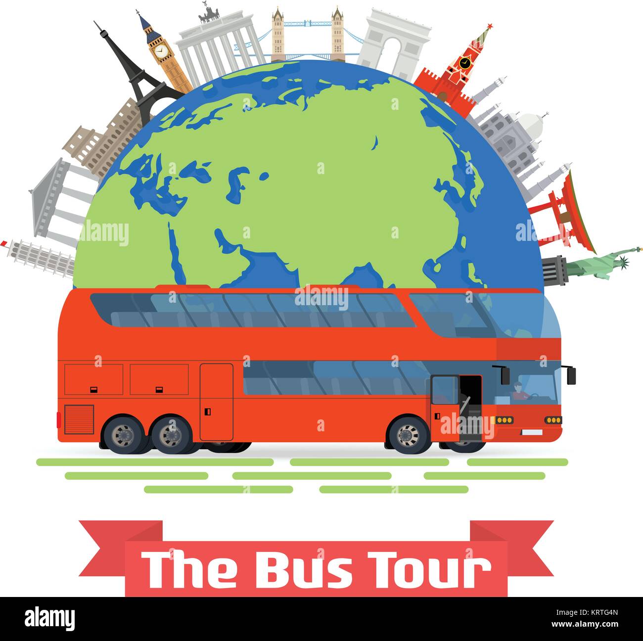 Vector illustration conceptuelle - l'excursion en bus de l'Europe repères familiers et populaires. Globe avec des monuments touristiques vert et bus. Illustration de Vecteur