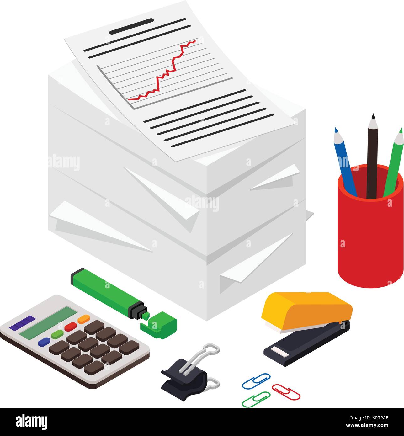 Heap de documents accompagnés d'un stylo, crayon et Calculatrice. Vector illustration isométrique Illustration de Vecteur