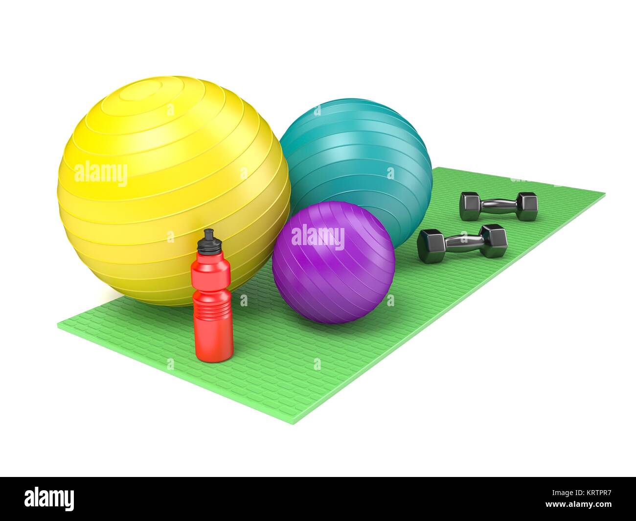 Fitness ball, haltères et bouteille d'eau en plastique vert sur un tapis de yoga. Vue de côté. 3D Banque D'Images