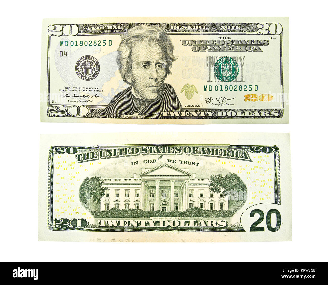 Close up de vingt dollars isoler sur fond blanc. Banque D'Images