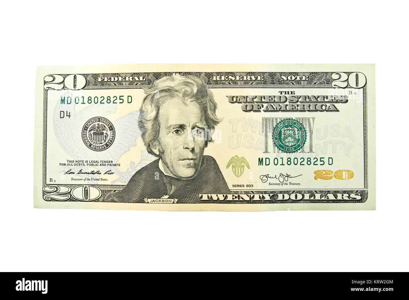 Close up de vingt dollars isoler sur fond blanc. Banque D'Images