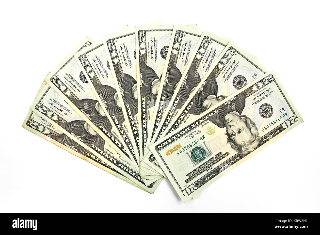 Close up de vingt dollars isoler sur fond blanc. Banque D'Images