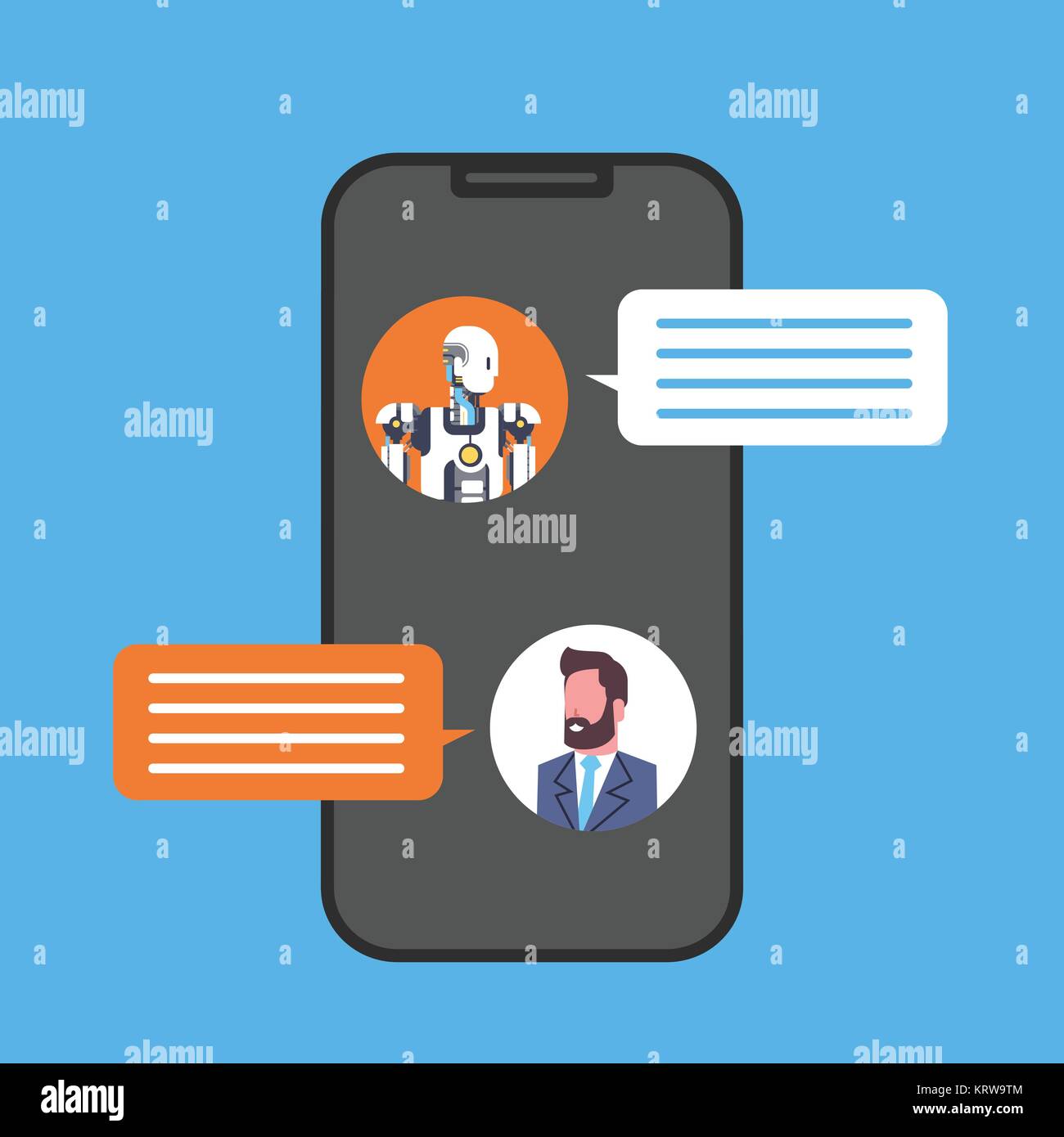 L'homme d'affaires de discuter avec Chatbot Service à l'aide de l'icône Smart Phone cellulaire Illustration de Vecteur