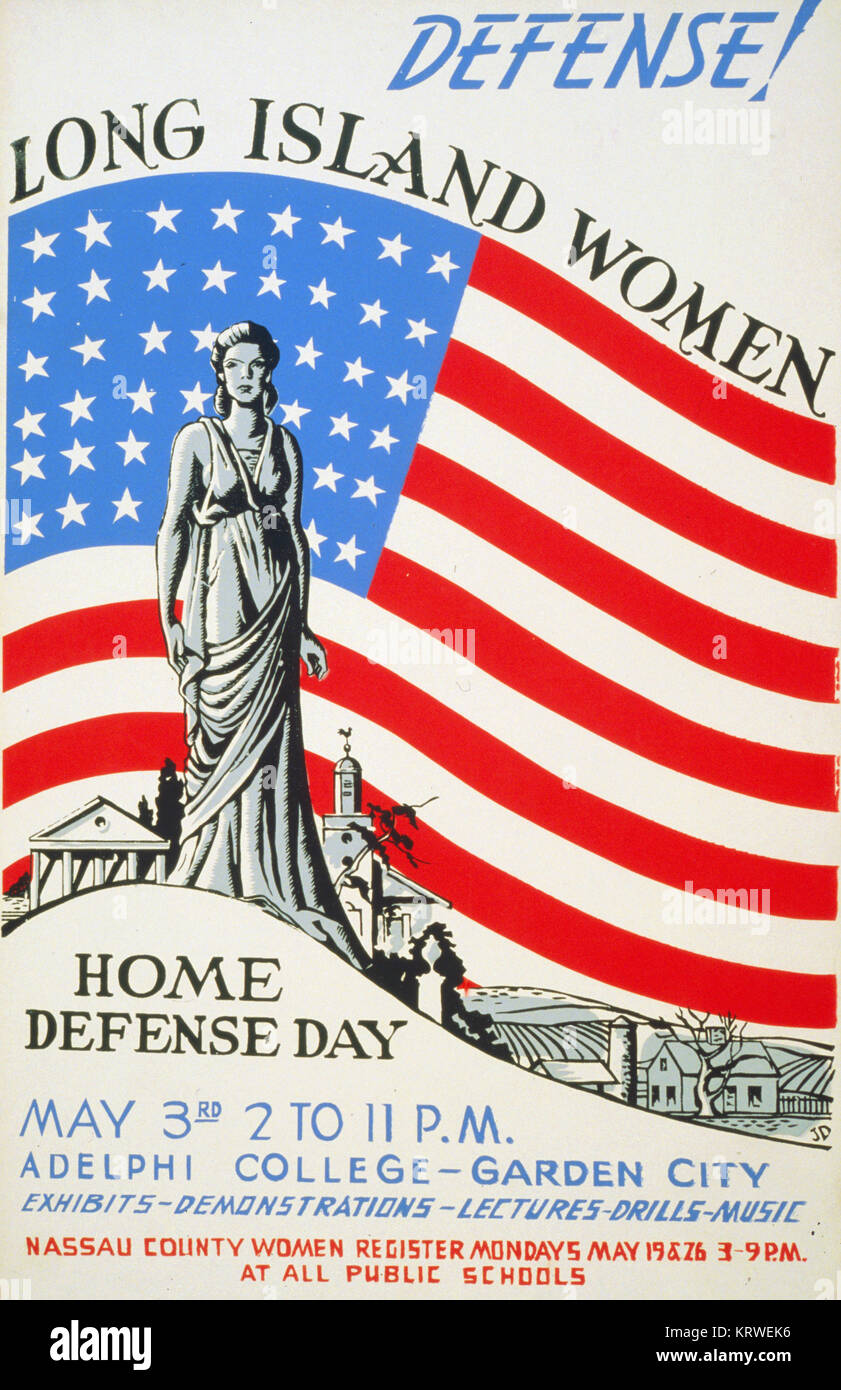Une affiche publicitaire de la Long Island Accueil Femmes Journée Défense au Adelphi College de Garden City au début des années 1940 l'affiche de l'époque Banque D'Images