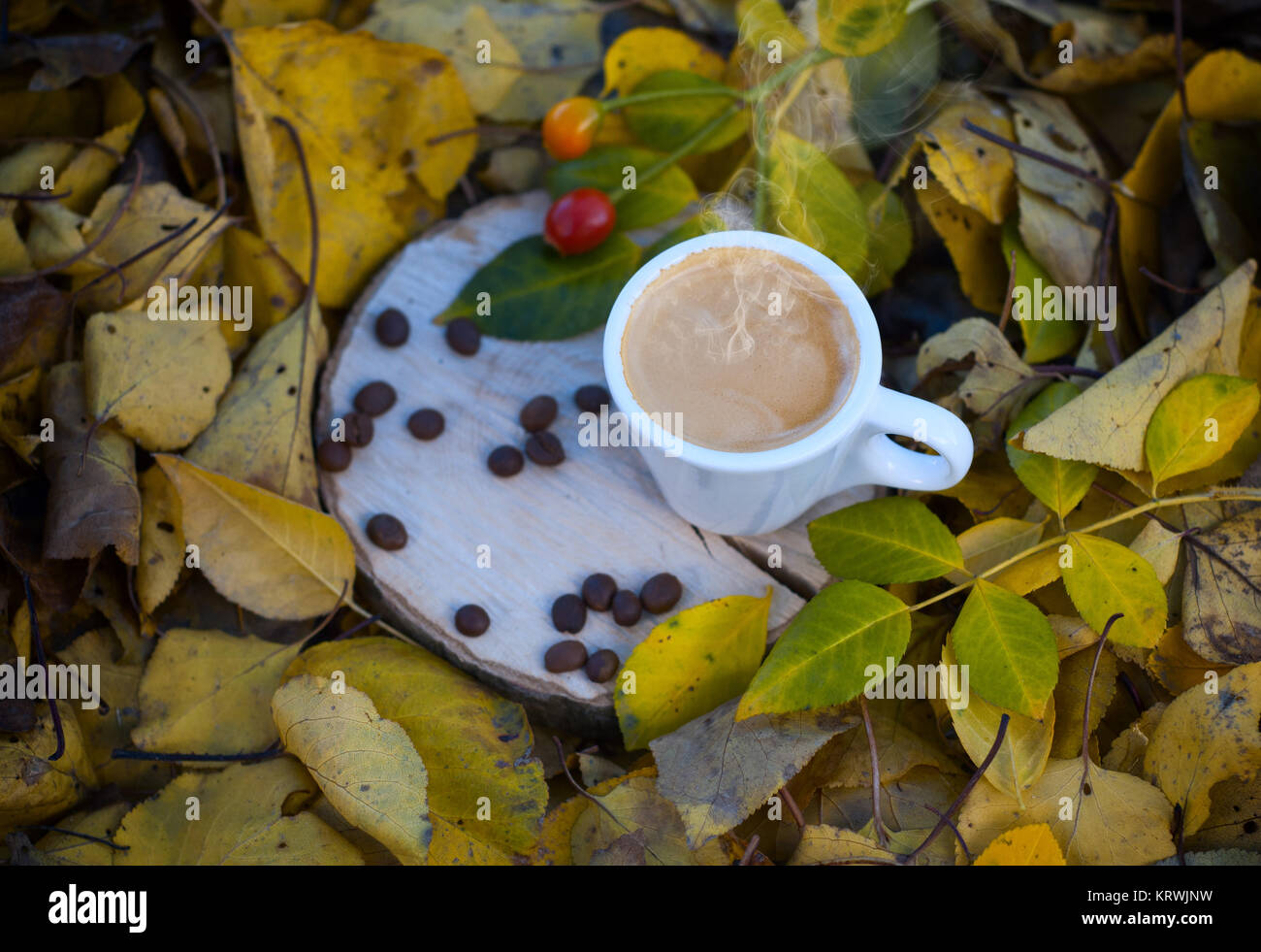 Tasse blanche avec une machine à expresso sur un moignon de bois Banque D'Images