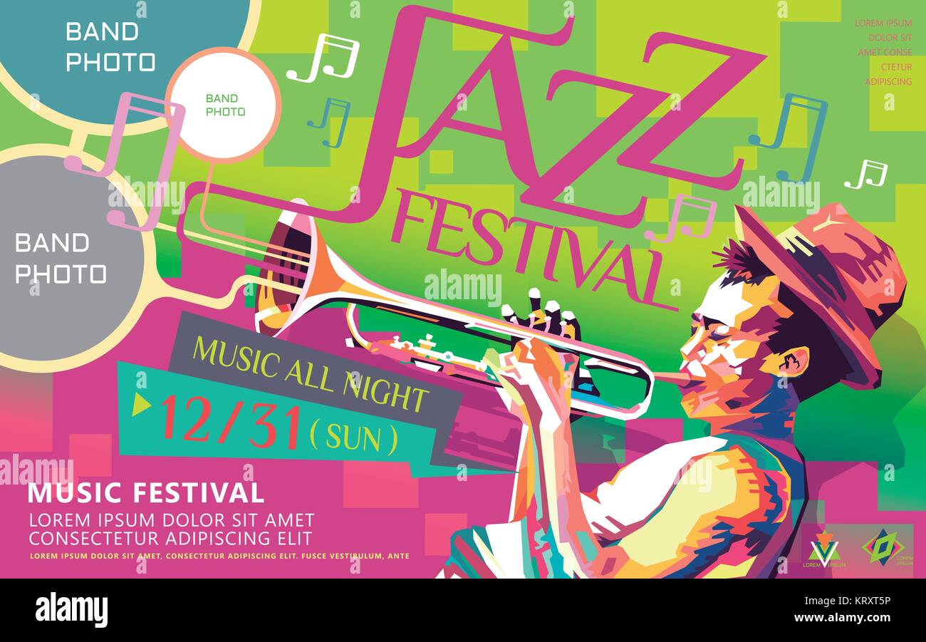 Toute la nuit, l'affiche de Jazz festival de musique dans le style de conception WPAP, portrait pop art performance pour trompette Illustration de Vecteur