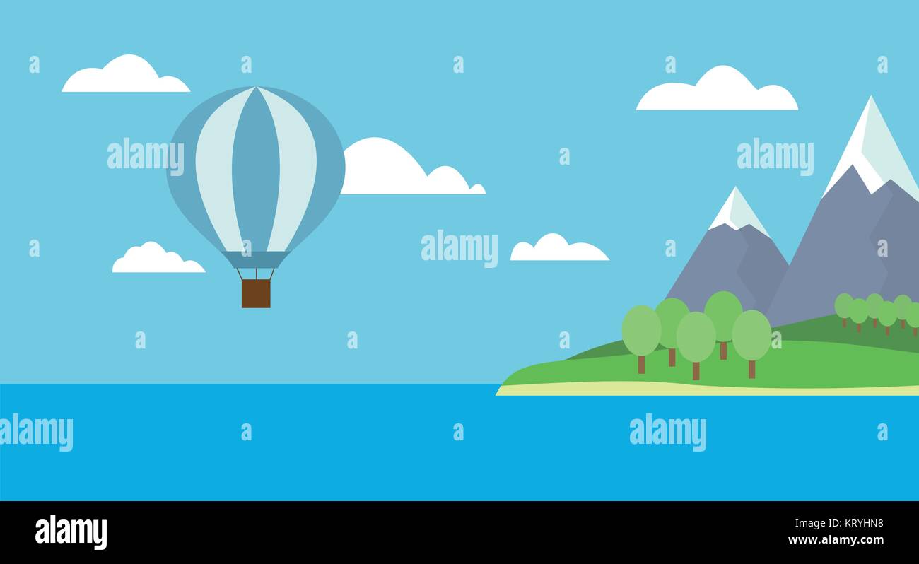 Vols en montgolfière au dessus de l'île avec des montagnes dans la mer avec ciel bleu et nuages - Vector Illustration de Vecteur