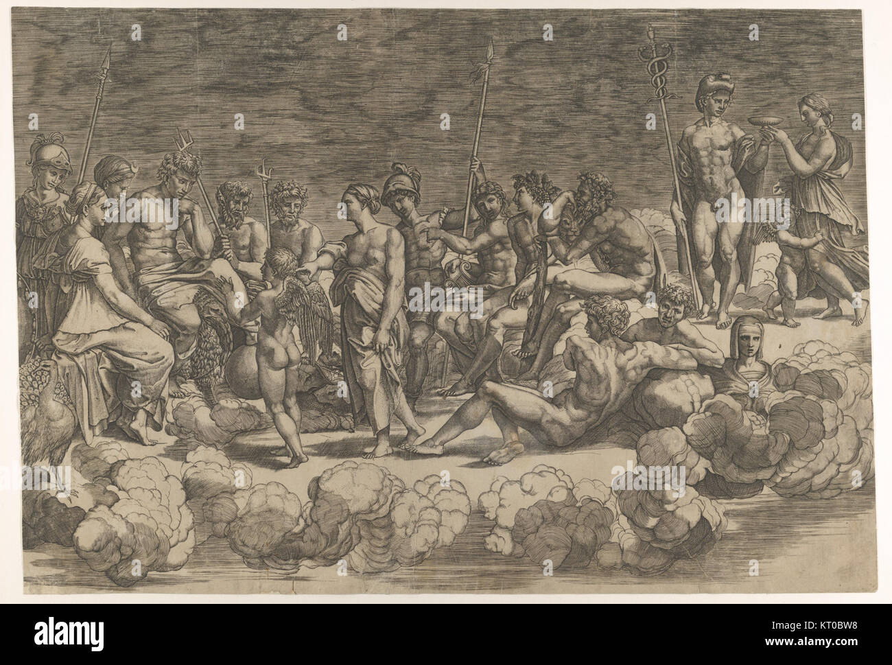 L'Assemblée des Dieux est une fresque située dans la Loggia di Psiche, Villa Farnesina, Rome. C'est une composition complexe de plafond qui représente un rassemblement mythologique de dieux, mettant en valeur les techniques artistiques de la Renaissance. L'œuvre, conservée au Metropolitan Museum of Art, est un exemple important des thèmes classiques de la Renaissance Banque D'Images