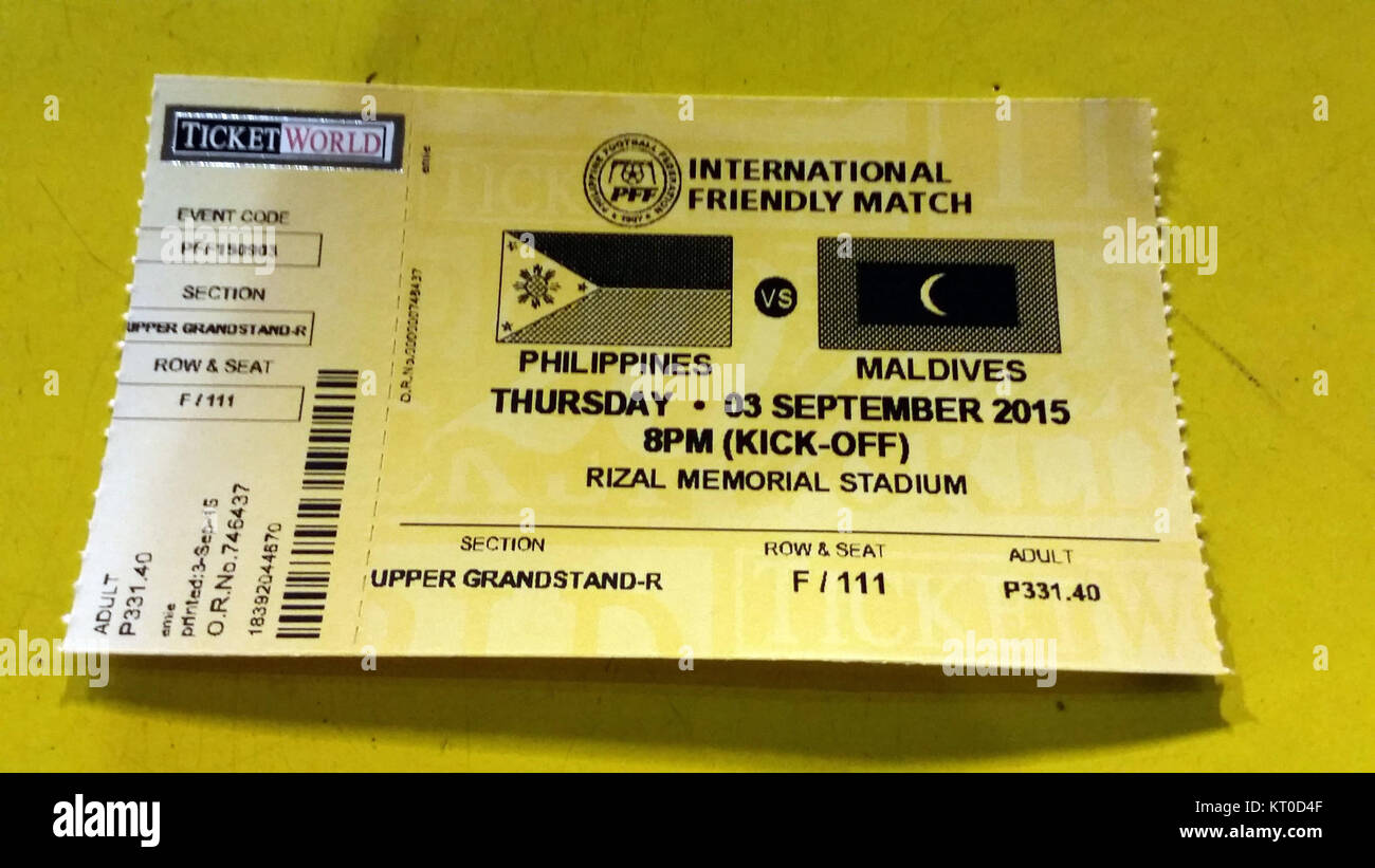 Ce billet provient d'un match de football entre l'équipe nationale des Philippines, les Azkals et les Maldives. Le match fait partie des compétitions internationales de football. Banque D'Images