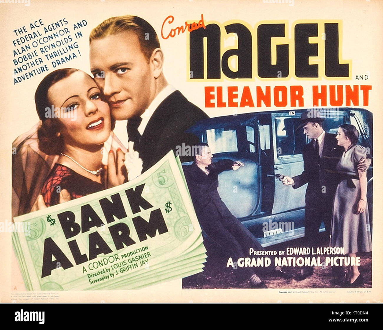 La carte « Bank Alarm » des années 1950 présente du matériel promotionnel pour le film. Il met en valeur le style classique du film noir, capturant l'essence du cinéma des années 1950. Banque D'Images