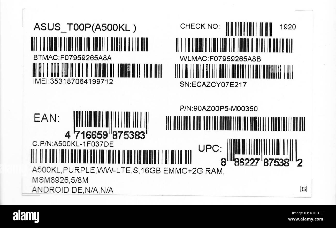 L'image présente des codes-barres sur l'emballage d'un téléphone portable Asus, couramment utilisés pour le suivi des stocks et des ventes. Les codes-barres jouent un rôle essentiel dans les opérations modernes de vente au détail et de logistique. Banque D'Images