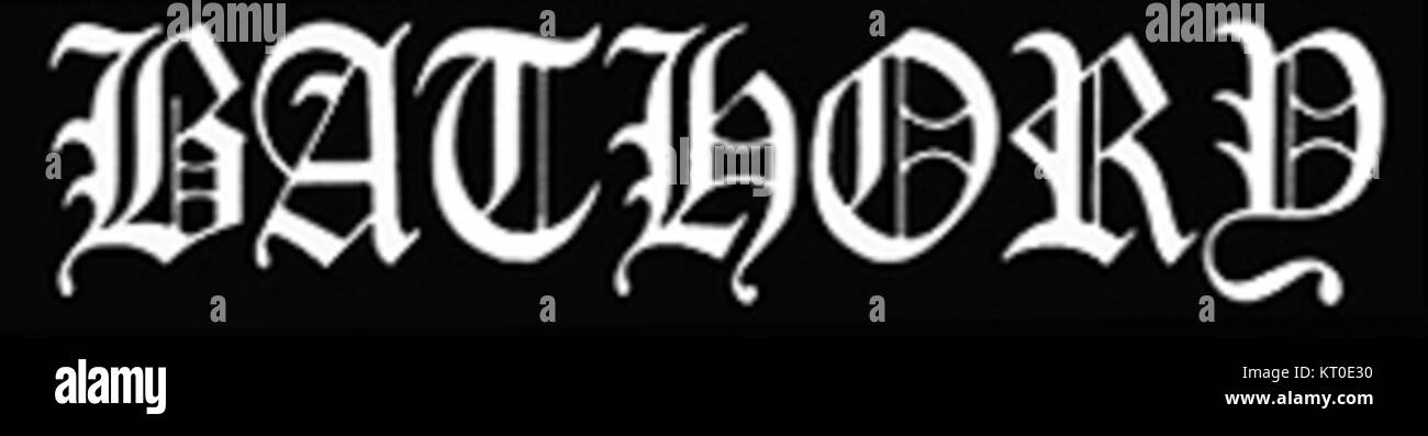 Logo de Bathory en blanc sur fond noir, représentant le symbole emblématique et la marque du groupe de metal suédois. Banque D'Images