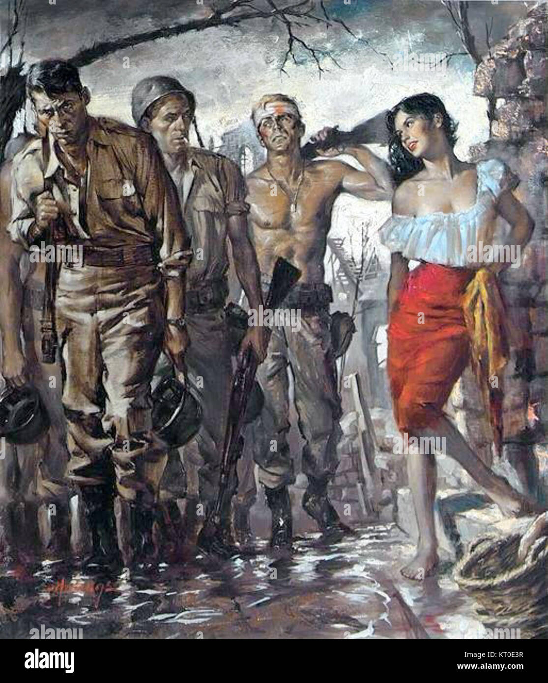 « IG fatigués de bataille et femme française » de Clark Hulings, peint en 1956, capture l'intensité émotionnelle des soldats dans la France d'après-guerre. L'œuvre illustre les relations complexes entre le personnel militaire et les civils au lendemain de la seconde Guerre mondiale. Banque D'Images