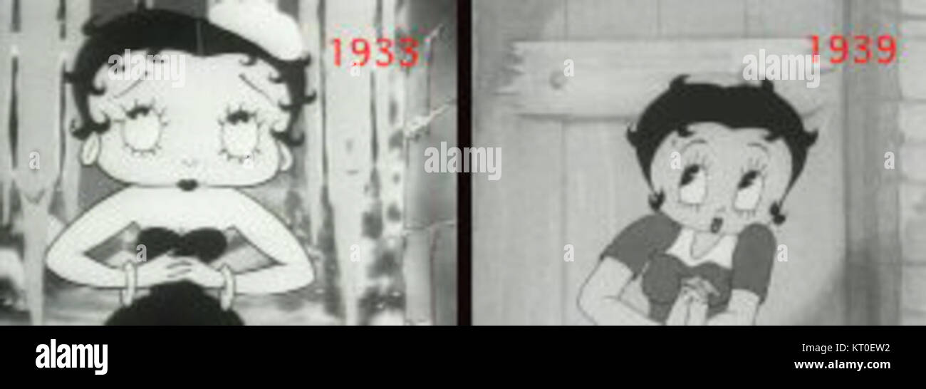 Betty Boop, un personnage animé populaire, a subi des changements de conception entre 1933 et 1939. Cette comparaison met en évidence son évolution en tant que figure culturelle et du divertissement dans l’histoire de l’animation. Banque D'Images