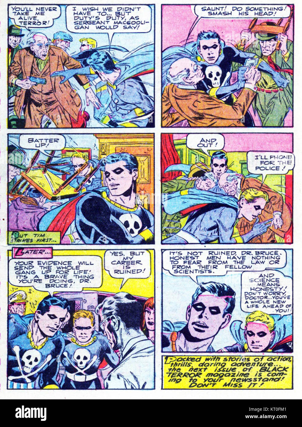 Photographie de la terreur noire, personnage de comics de super-héros américain des années 1950, connu pour son costume noir et blanc distinctif. Banque D'Images