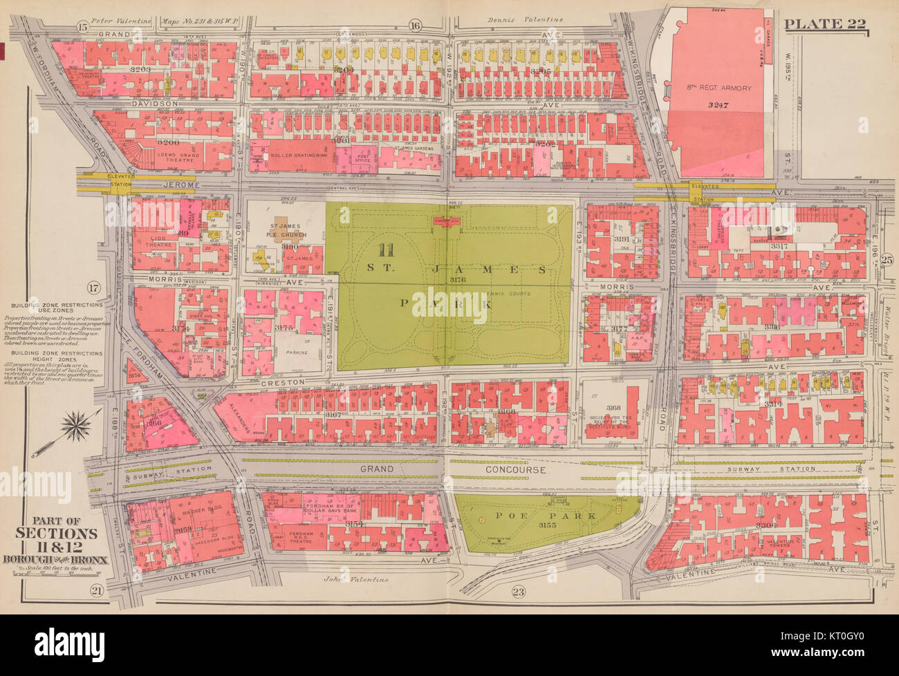 Cette image représente Bromley Bronx plate 22, une publication historique de 1938 qui a été révisée en 1957. Il représente un document historique important de la région du Bronx, offrant un aperçu de l'histoire et de la géographie locales. Banque D'Images