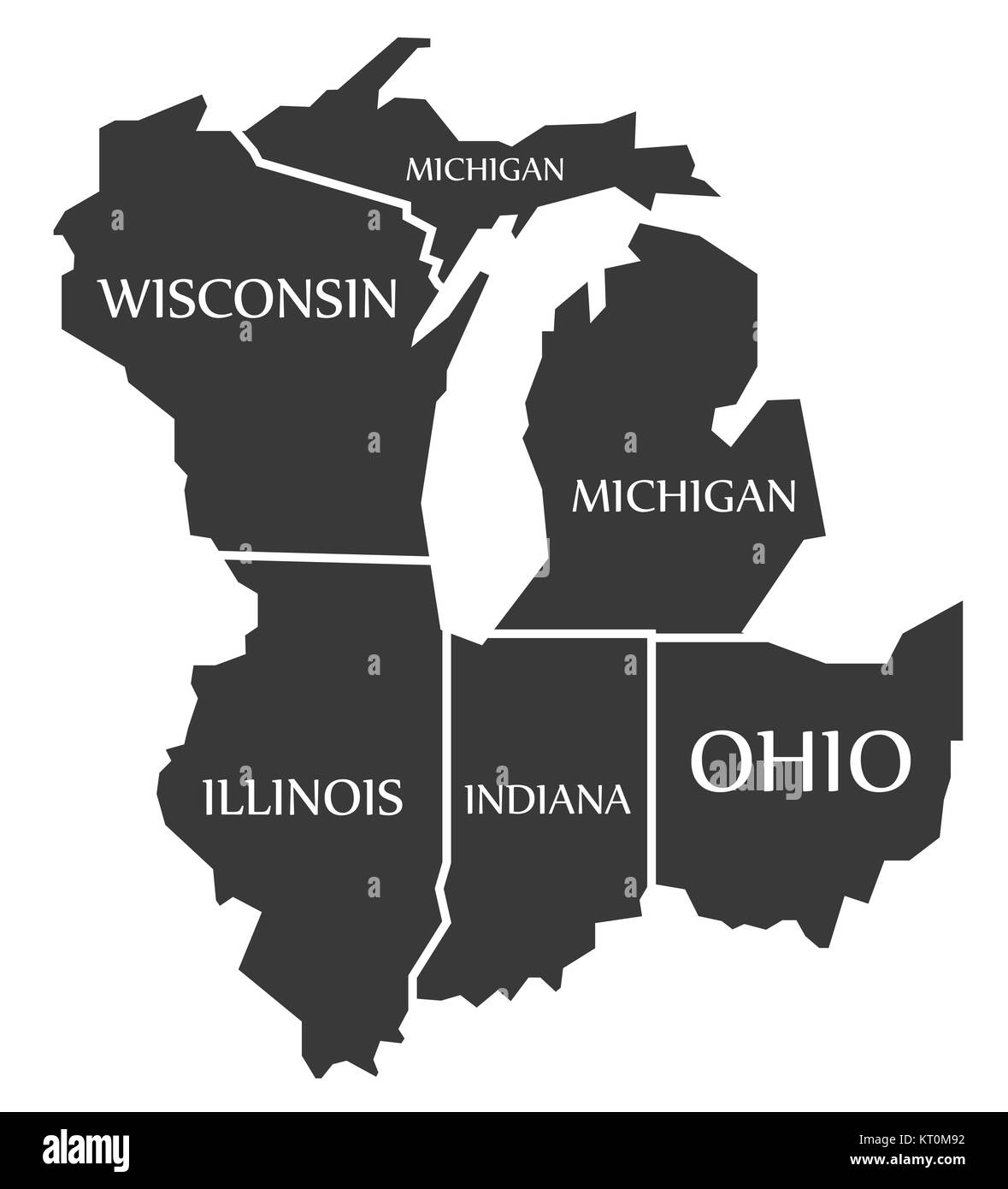 Michigan - Wisconsin - Illinois - Indiana - Carte noire marquée de l'Ohio Banque D'Images