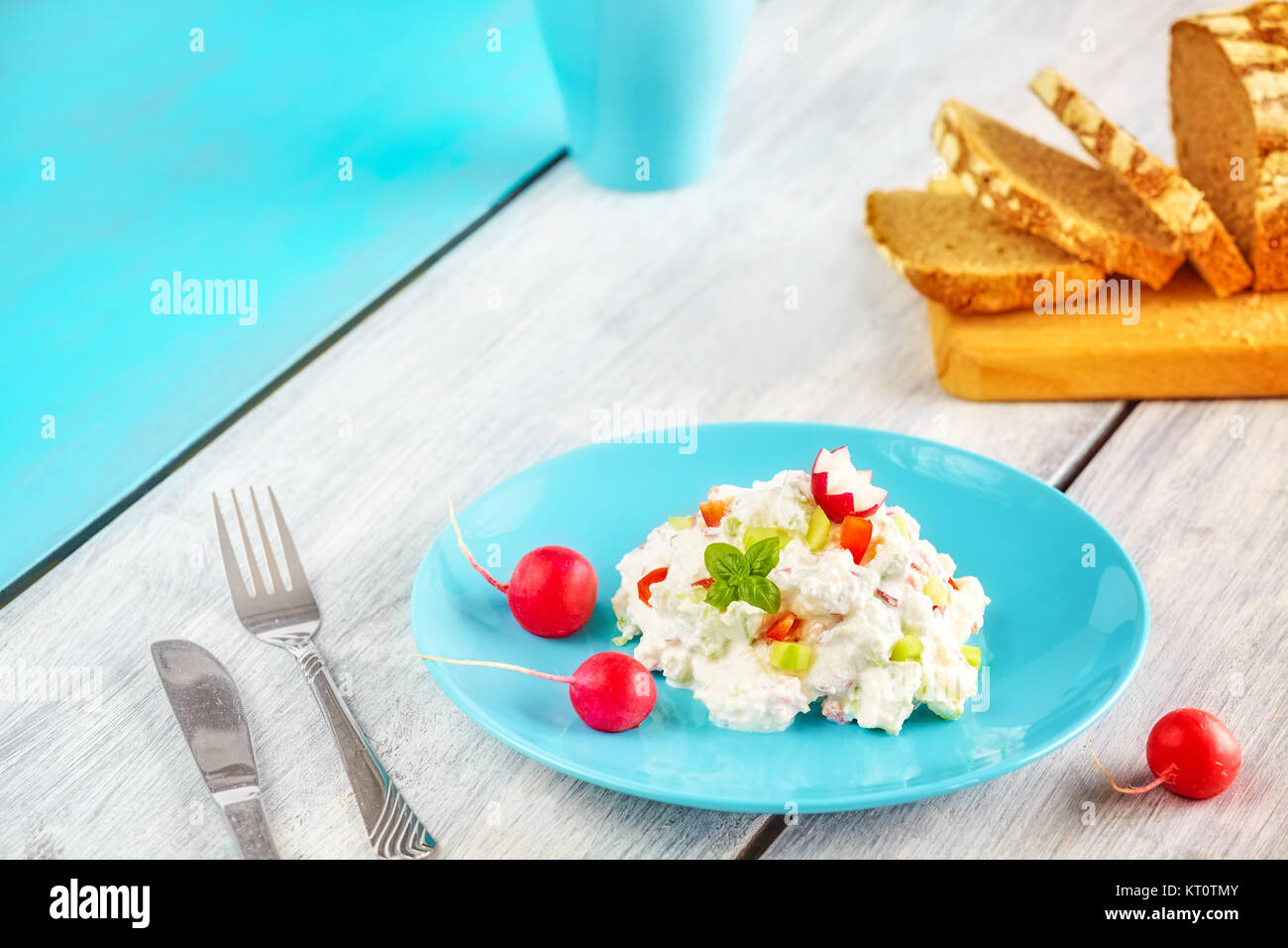 Set petit-déjeuner fait maison, fromage cottage avec une plaque bleue sur radis, de l'espace pour le texte. Banque D'Images