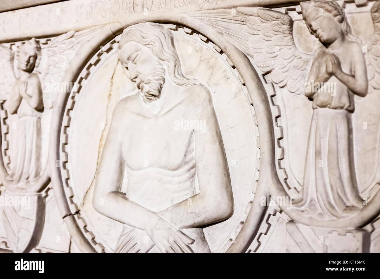 Détail d'un sarcophage funéraire médiévale, représentation de Jésus Christ Banque D'Images