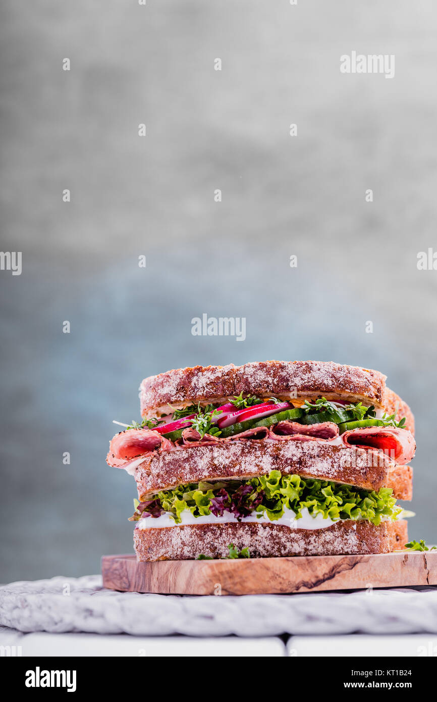 Salami Sandwich mit bien volé Kresse Gurken und Quark Banque D'Images