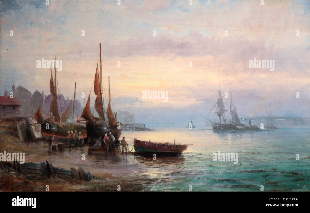 « Coastal Scenes with figures » de William Anslow Thornley III capture des vues maritimes tranquilles, avec des personnages au milieu de côtes pittoresques. L'utilisation de la lumière et de la couleur par le artistâ€™ reflète le charme du monde naturel, typique de la peinture paysagère britannique du XIXe siècle. Banque D'Images