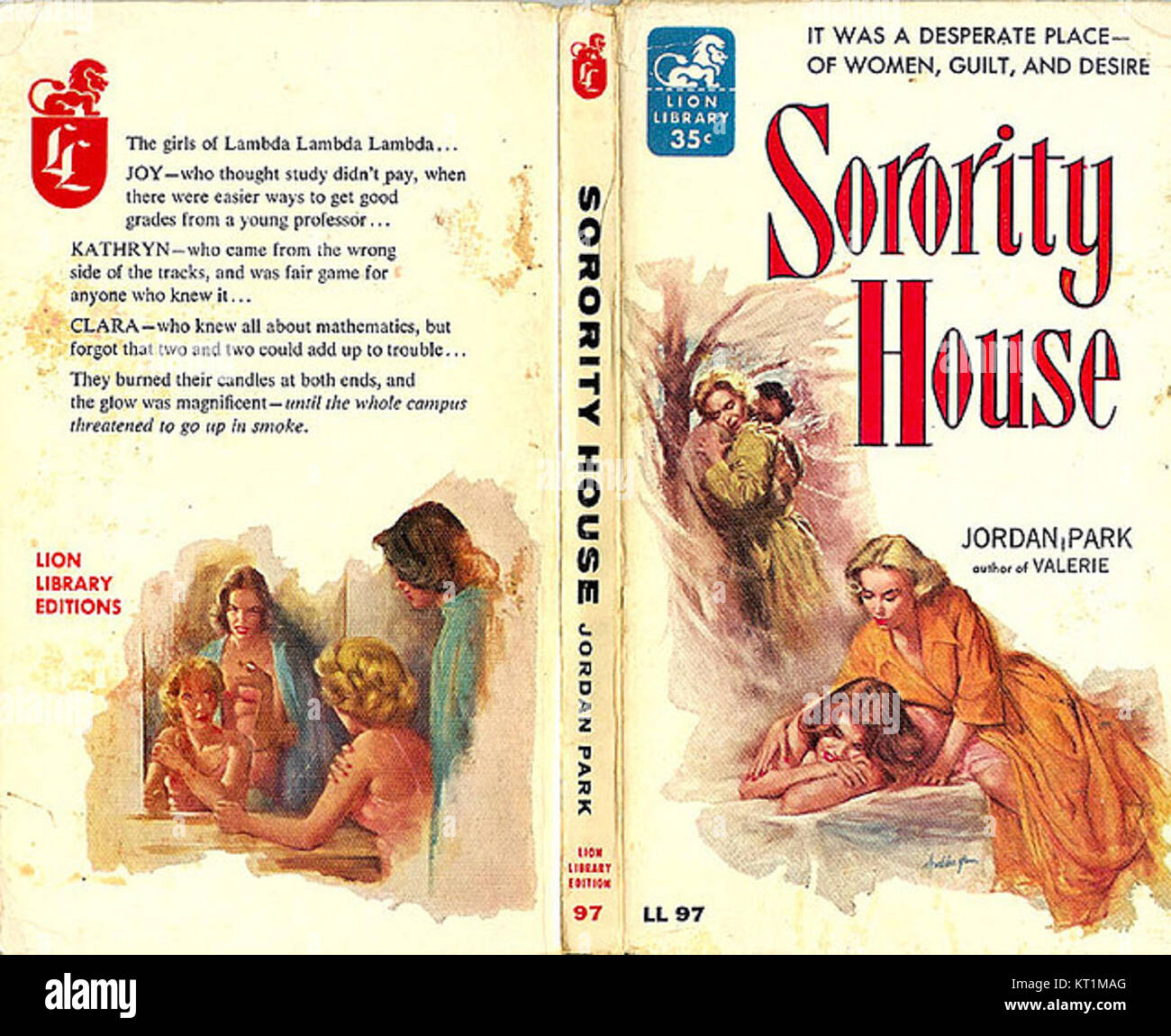 La couverture de 'Sorority House' de Jordan Park, illustrée par Clark Hulings, présente des œuvres d'art qui capturent l'essence de la vie universitaire dans les années 1950 L'illustration sur la couverture met en évidence une représentation dynamique et énergique de la vie de sororité, reflétant la culture sociale et l'environnement académique de l'époque. Banque D'Images