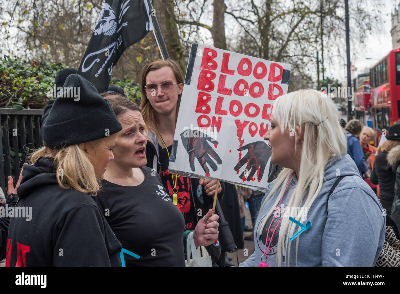 Un manifestant est titulaire d'une plaque "sang sang sang sur vos mains' comme elle parle avec d'autres à l'ambassade du Japon à Londres de protestation appelant à mettre fin à la brutale massacre de dauphins, marsouins et baleines petit en Taiji Cove au Japon. Banque D'Images