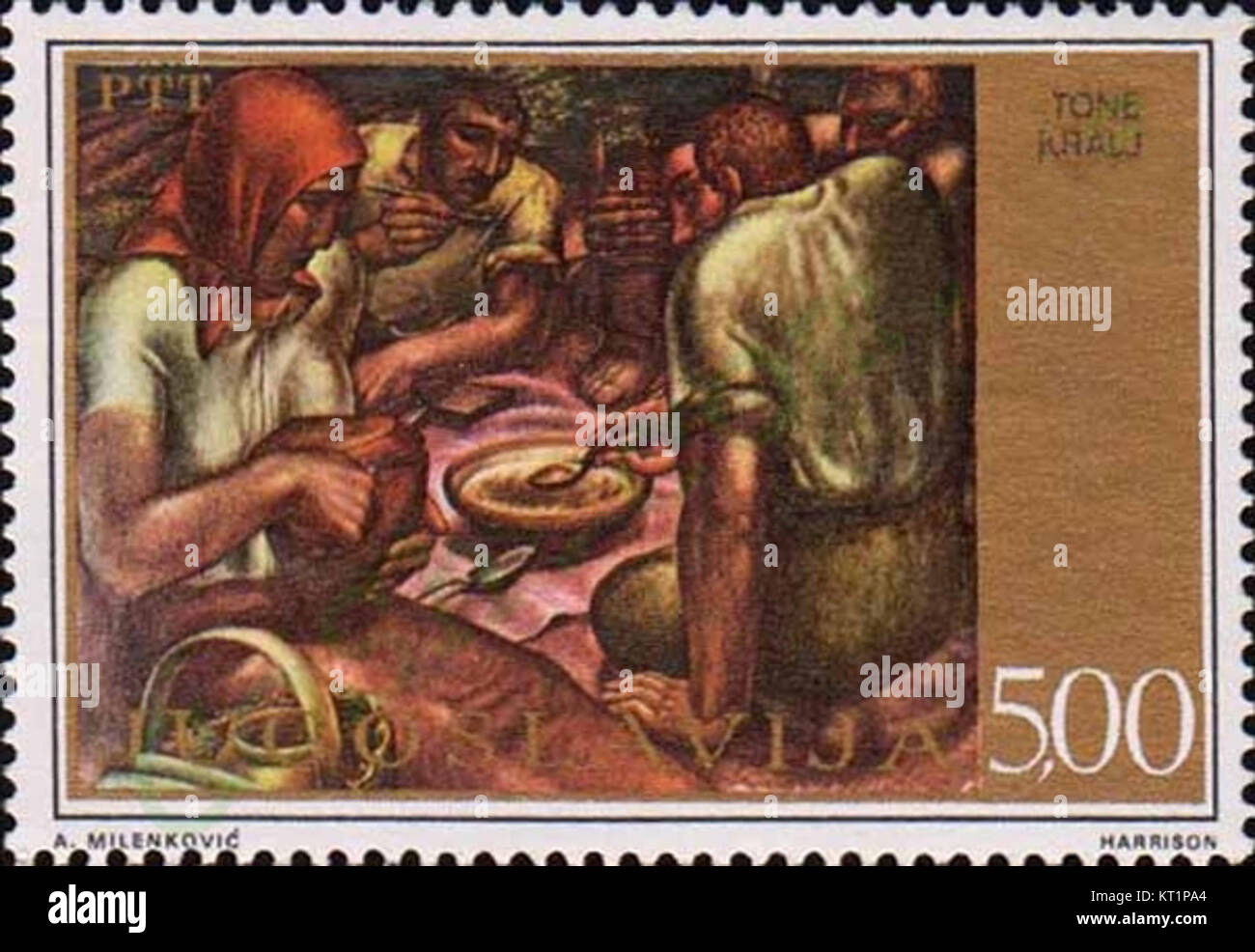 Le timbre *dîner* de Tone Kralj, émis en 1975, est une représentation de l'art et de la culture yougoslaves, reflétant la contribution de l'artiste aux arts visuels du pays pendant cette période. Banque D'Images