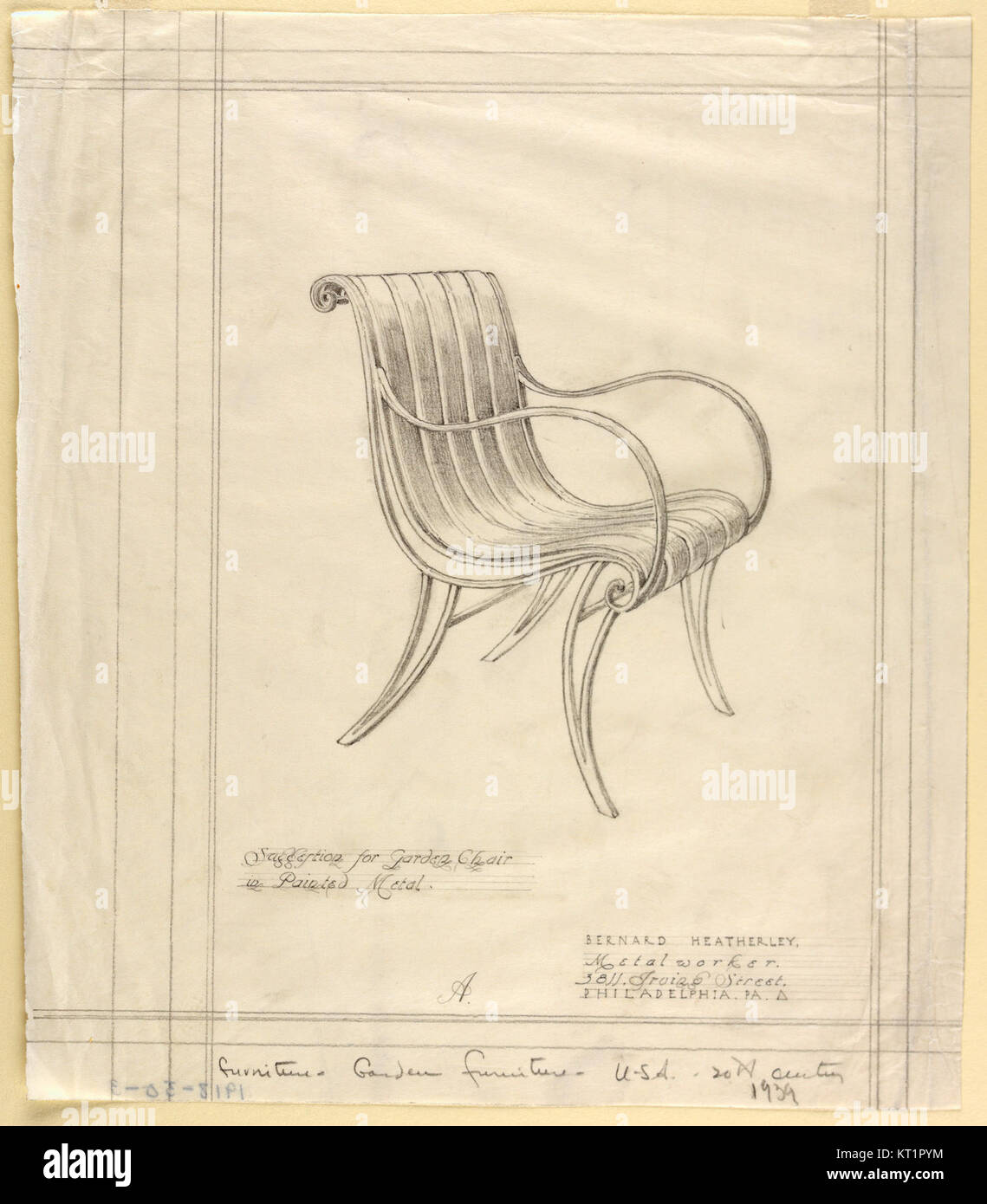 Ce dessin des années 1930 présente une chaise de jardin fabriquée à partir de métal peint. Le design reflète le style et les matériaux utilisés à cette époque, soulignant les aspects fonctionnels et esthétiques de la conception de meubles au début du XXe siècle. Banque D'Images