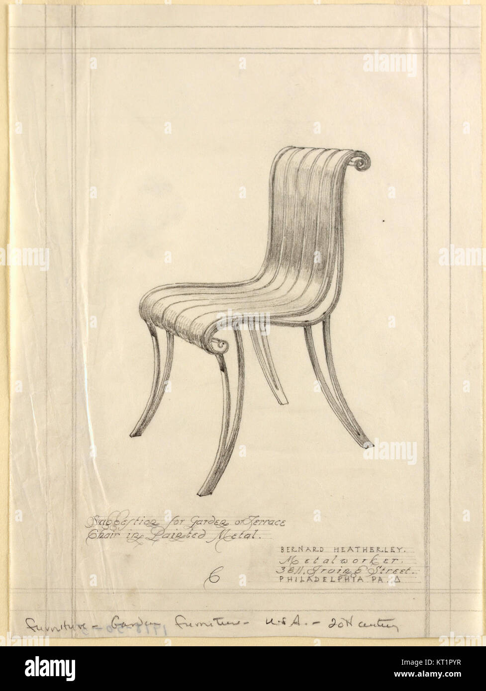 Un dessin design des années 1930 d'une chaise de jardin ou de terrasse en métal peint, reflétant le design fonctionnel et esthétique du mobilier de l'époque. Banque D'Images