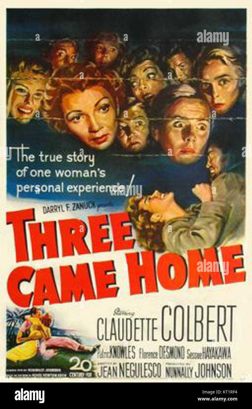Une affiche pour le film '3 came Home', un film de 1950 basé sur une histoire vraie sur la survie dans un camp de prisonniers de guerre japonais pendant la IIe Guerre mondiale. Le film met en valeur la résilience et l'esprit humain dans des conditions extrêmes. Banque D'Images