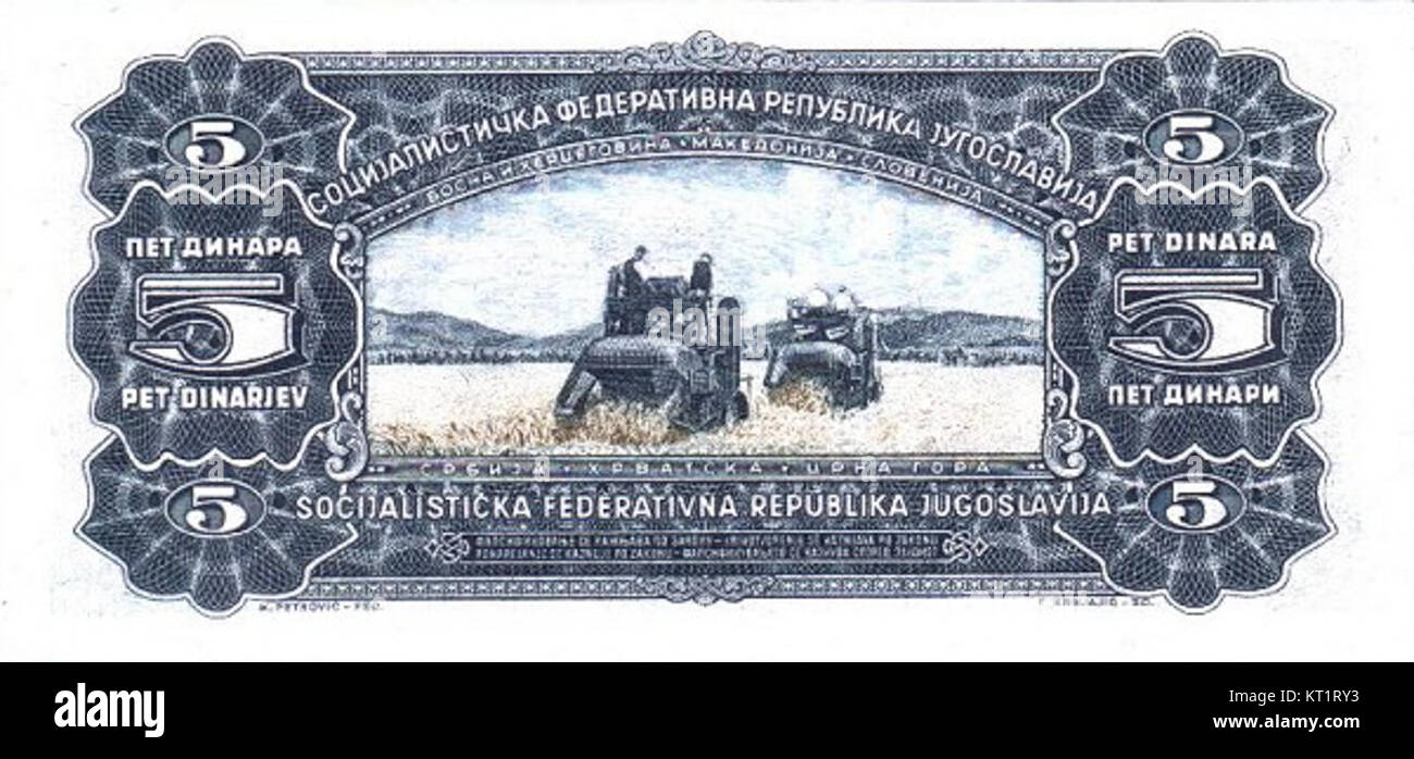 Cette image représente une édition de 1965 d'une pièce de 5 dinars, probablement d'un pays de l'ex-Yougoslavie. La pièce reflète le design et l'histoire monétaire de l'époque, offrant un aperçu de l'histoire économique de la région. Banque D'Images