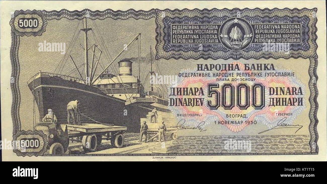 Le billet de 5000 Dinara de 1950 est une monnaie historique de Yougoslavie. Présentant des dessins significatifs reflétant l’époque, il représente une période importante dans l’histoire monétaire du pays. Le billet de banque était en circulation à une époque de changements politiques et économiques. Banque D'Images